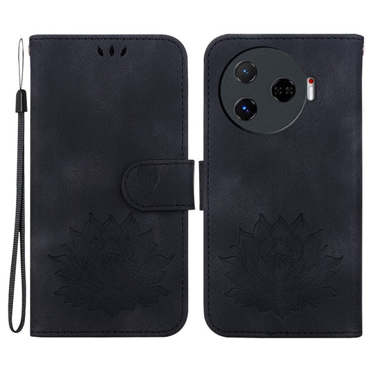 For TECNO Camon 30 Pro 5G Wallet Case Lotus Imprint Leather Phone Cover - Black