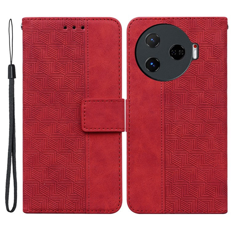 For TECNO Camon 30 Pro 5G Wallet Phone Case Geometry Imprint Leather Flip Cover with Strap - Red