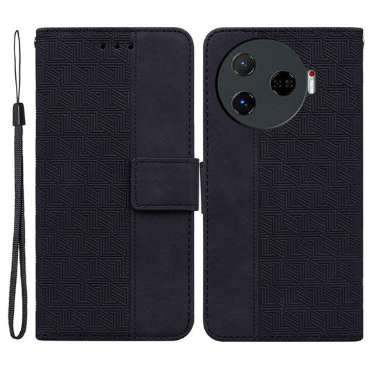For TECNO Camon 30 Pro 5G Wallet Phone Case Geometry Imprint Leather Flip Cover with Strap - Black