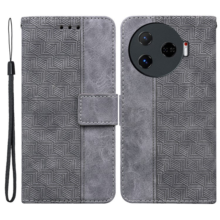 For TECNO Camon 30 Pro 5G Wallet Phone Case Geometry Imprint Leather Flip Cover with Strap - Grey