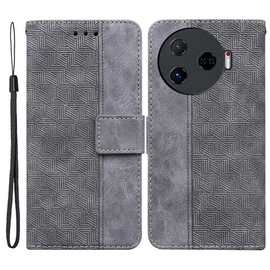 For TECNO Camon 30 Pro 5G Wallet Phone Case Geometry Imprint Leather Flip Cover with Strap - Grey