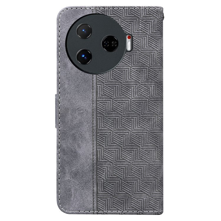 For TECNO Camon 30 Pro 5G Wallet Phone Case Geometry Imprint Leather Flip Cover with Strap - Grey