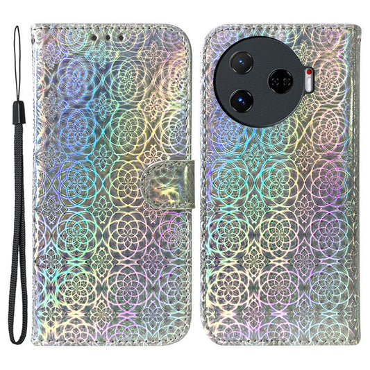 For TECNO Camon 30 Pro 5G Case Dazzling Flower Protective PU Leather Stand Phone Cover - Grey