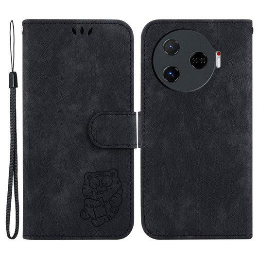 For TECNO Camon 30 Pro 5G Stand Case Cute Tiger Imprint Leather Wallet Phone Cover - Black