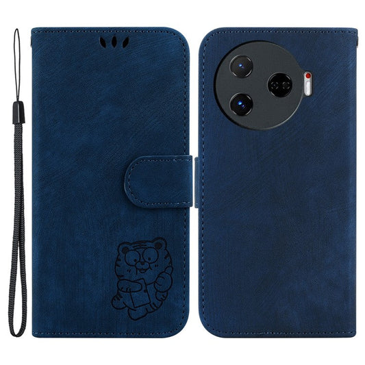 For TECNO Camon 30 Pro 5G Stand Case Cute Tiger Imprint Leather Wallet Phone Cover - Dark Blue