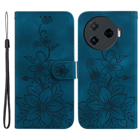 For TECNO Camon 30 Pro 5G Wallet Case Lily Imprint Anti-Scratch Leather Phone Cover - Dark Blue