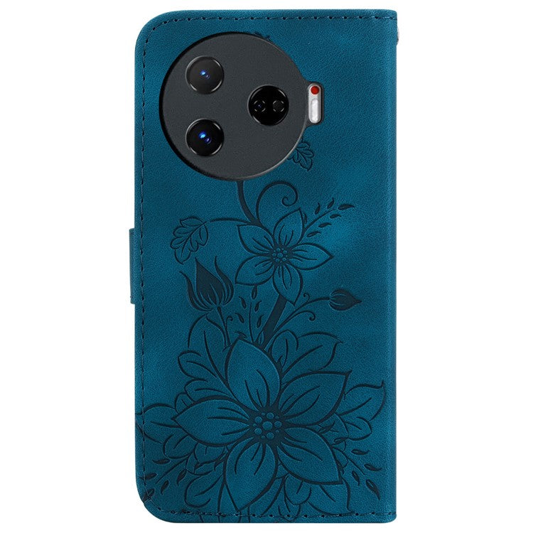 For TECNO Camon 30 Pro 5G Wallet Case Lily Imprint Anti-Scratch Leather Phone Cover - Dark Blue