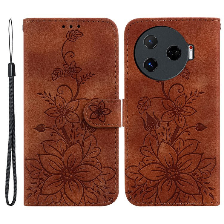 For TECNO Camon 30 Pro 5G Wallet Case Lily Imprint Anti-Scratch Leather Phone Cover - Brown