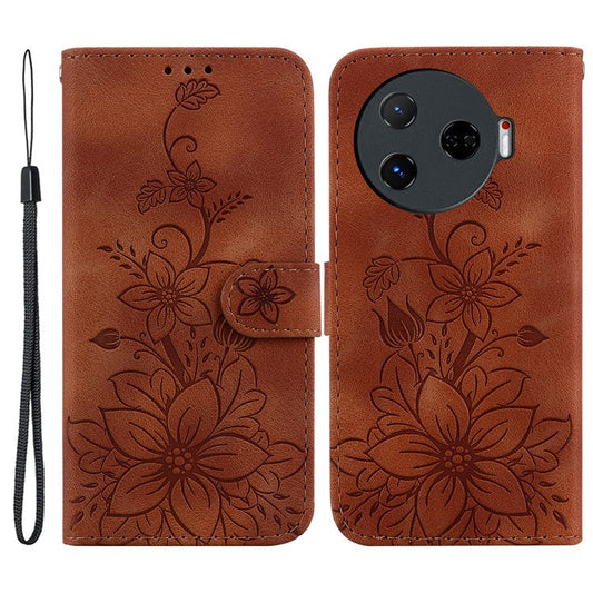 For TECNO Camon 30 Pro 5G Wallet Case Lily Imprint Anti-Scratch Leather Phone Cover - Brown