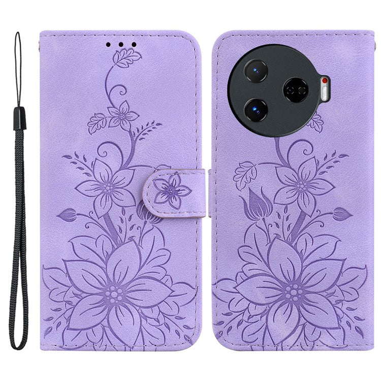 For TECNO Camon 30 Pro 5G Wallet Case Lily Imprint Anti-Scratch Leather Phone Cover - Purple