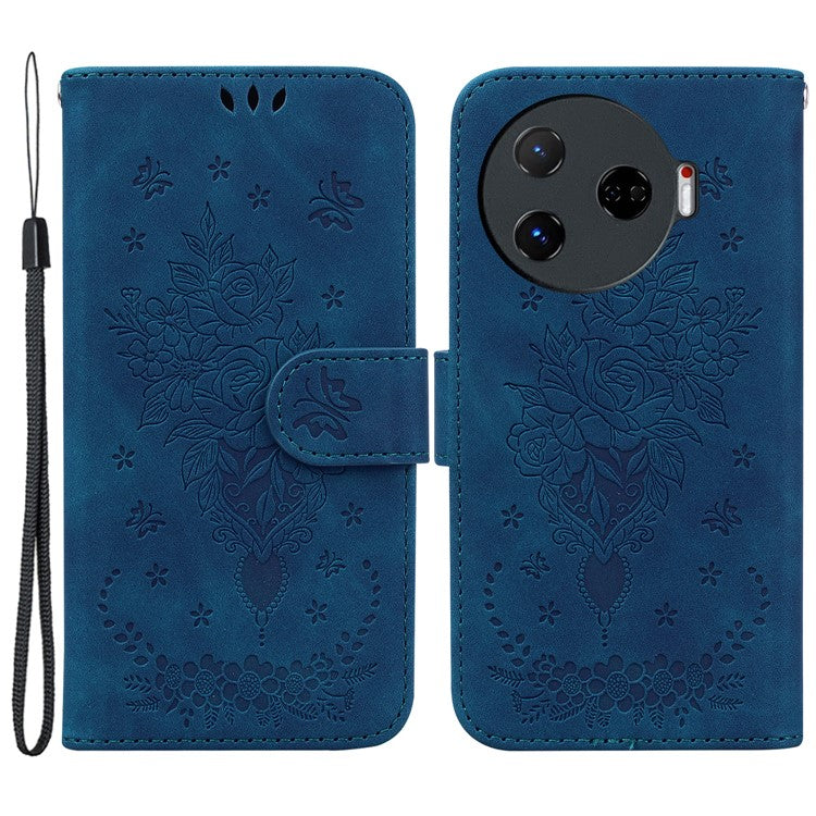 For TECNO Camon 30 Pro 5G Wallet Stand Case Butterfly Rose Imprint Leather Phone Cover - Blue