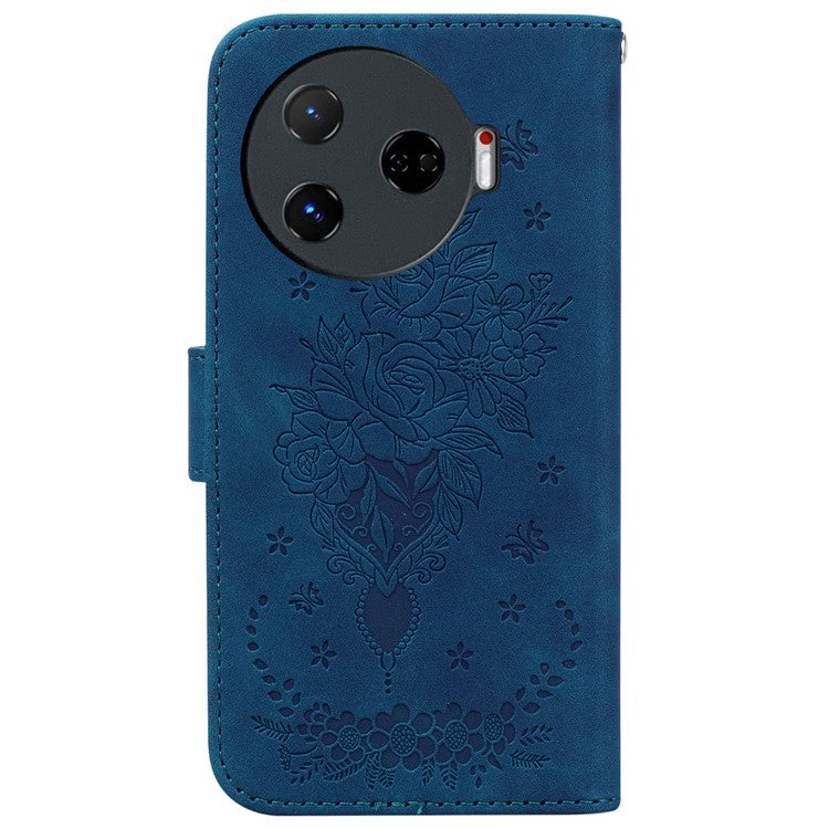 For TECNO Camon 30 Pro 5G Wallet Stand Case Butterfly Rose Imprint Leather Phone Cover - Blue