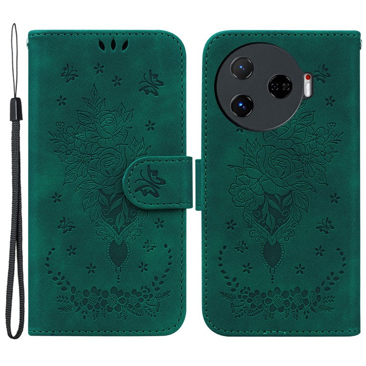 For TECNO Camon 30 Pro 5G Wallet Stand Case Butterfly Rose Imprint Leather Phone Cover - Green