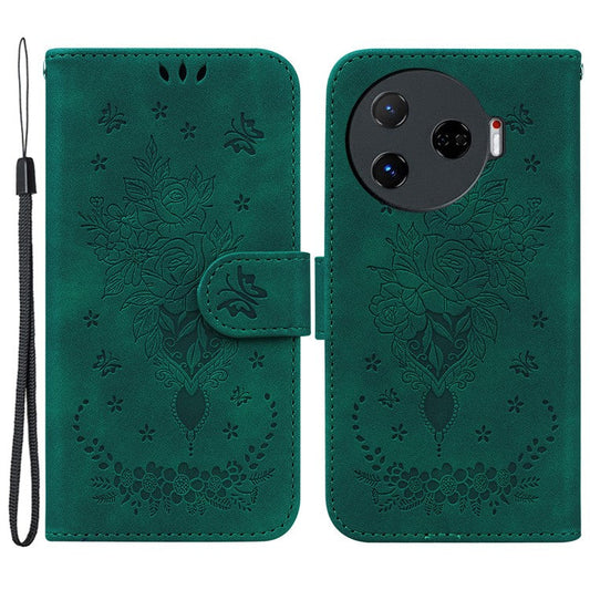 For TECNO Camon 30 Pro 5G Wallet Stand Case Butterfly Rose Imprint Leather Phone Cover - Green