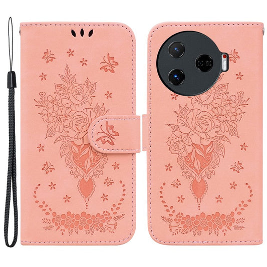 For TECNO Camon 30 Pro 5G Wallet Stand Case Butterfly Rose Imprint Leather Phone Cover - Pink