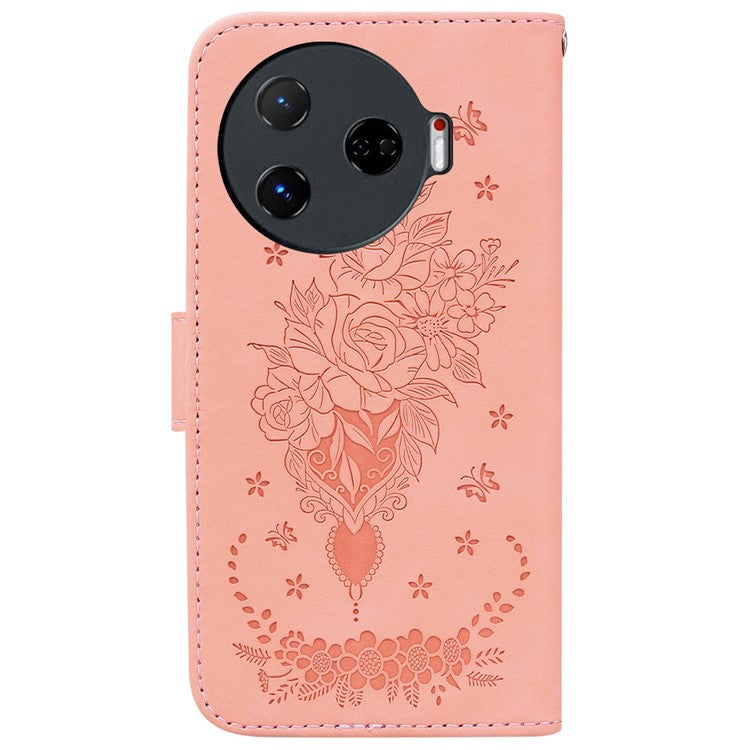 For TECNO Camon 30 Pro 5G Wallet Stand Case Butterfly Rose Imprint Leather Phone Cover - Pink