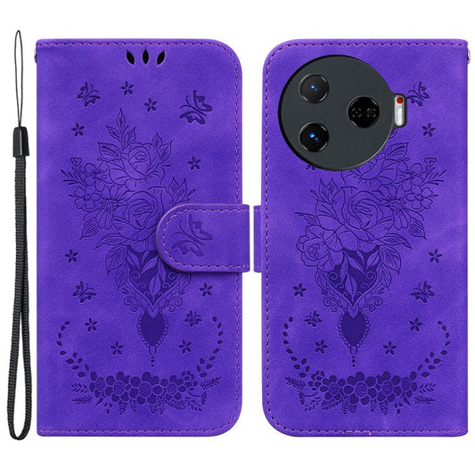 For TECNO Camon 30 Pro 5G Wallet Stand Case Butterfly Rose Imprint Leather Phone Cover - Purple