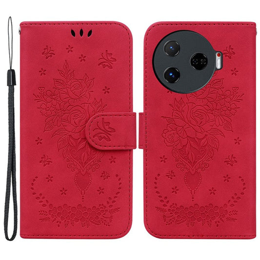 For TECNO Camon 30 Pro 5G Wallet Stand Case Butterfly Rose Imprint Leather Phone Cover - Red