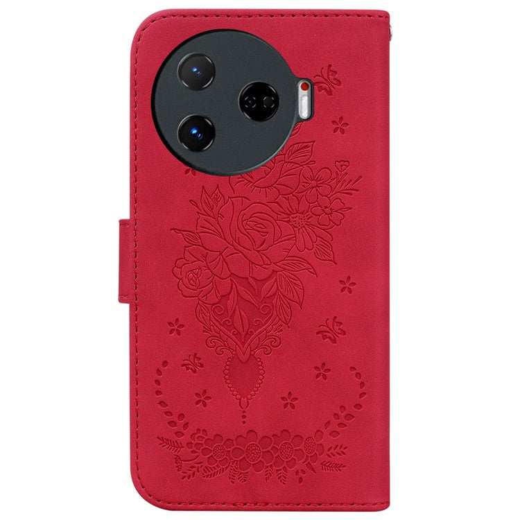 For TECNO Camon 30 Pro 5G Wallet Stand Case Butterfly Rose Imprint Leather Phone Cover - Red