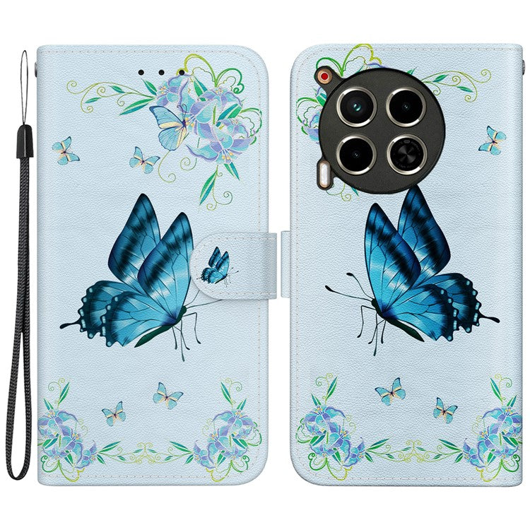For TECNO Camon 30 4G / 30 5G Stand Case Pattern Print Leather Wallet Phone Cover - Blue Butterfly Flower