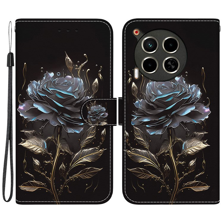 For TECNO Camon 30 4G / 30 5G Stand Case Pattern Print Leather Wallet Phone Cover - Black Rose