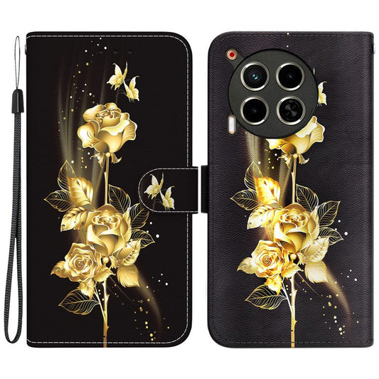 For TECNO Camon 30 4G / 30 5G Stand Case Pattern Print Leather Wallet Phone Cover - Gold Butterfly Rose