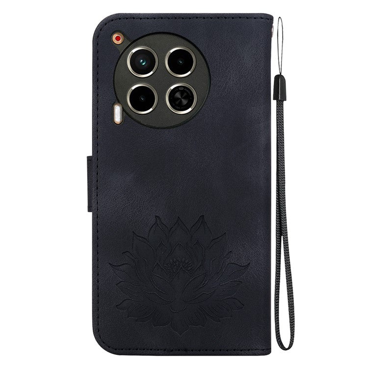 For TECNO Camon 30 4G / 30 5G Case Lotus Imprint Leather Wallet Phone Cover with Wrist Strap - Black