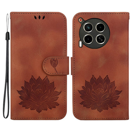For TECNO Camon 30 4G / 30 5G Case Lotus Imprint Leather Wallet Phone Cover with Wrist Strap - Brown