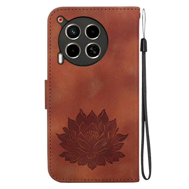 For TECNO Camon 30 4G / 30 5G Case Lotus Imprint Leather Wallet Phone Cover with Wrist Strap - Brown