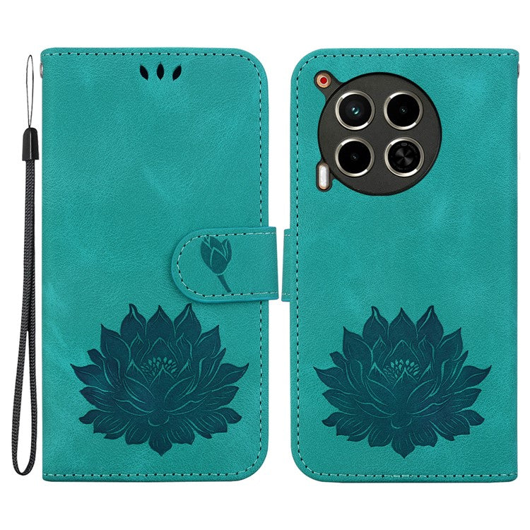 For TECNO Camon 30 4G / 30 5G Case Lotus Imprint Leather Wallet Phone Cover with Wrist Strap - Green
