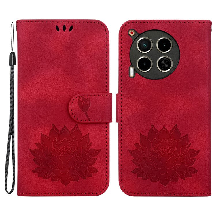 For TECNO Camon 30 4G / 30 5G Case Lotus Imprint Leather Wallet Phone Cover with Wrist Strap - Red