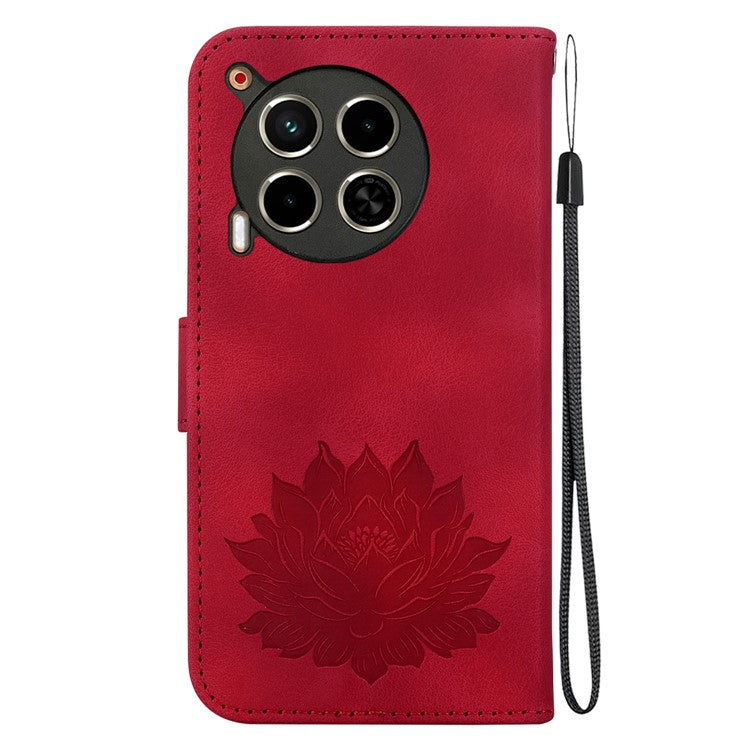 For TECNO Camon 30 4G / 30 5G Case Lotus Imprint Leather Wallet Phone Cover with Wrist Strap - Red