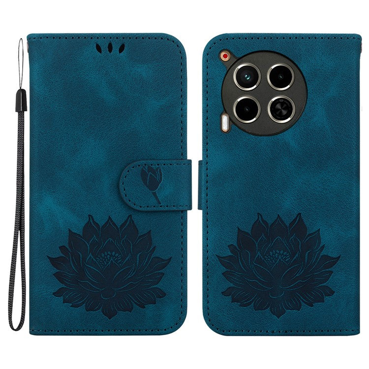 For TECNO Camon 30 4G / 30 5G Case Lotus Imprint Leather Wallet Phone Cover with Wrist Strap - Blue
