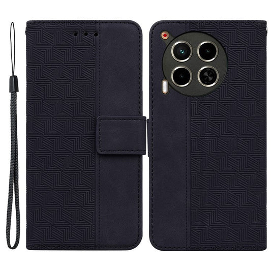 For TECNO Camon 30 4G / 30 5G Wallet Case with Strap Geometry Imprint Leather Flip Phone Cover - Black