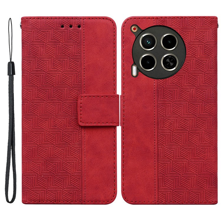 For TECNO Camon 30 4G / 30 5G Wallet Case with Strap Geometry Imprint Leather Flip Phone Cover - Red