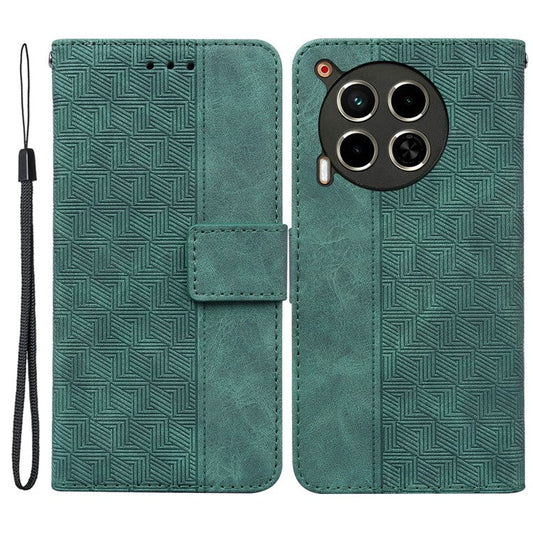 For TECNO Camon 30 4G / 30 5G Wallet Case with Strap Geometry Imprint Leather Flip Phone Cover - Green