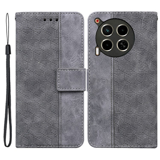 For TECNO Camon 30 4G / 30 5G Wallet Case with Strap Geometry Imprint Leather Flip Phone Cover - Grey