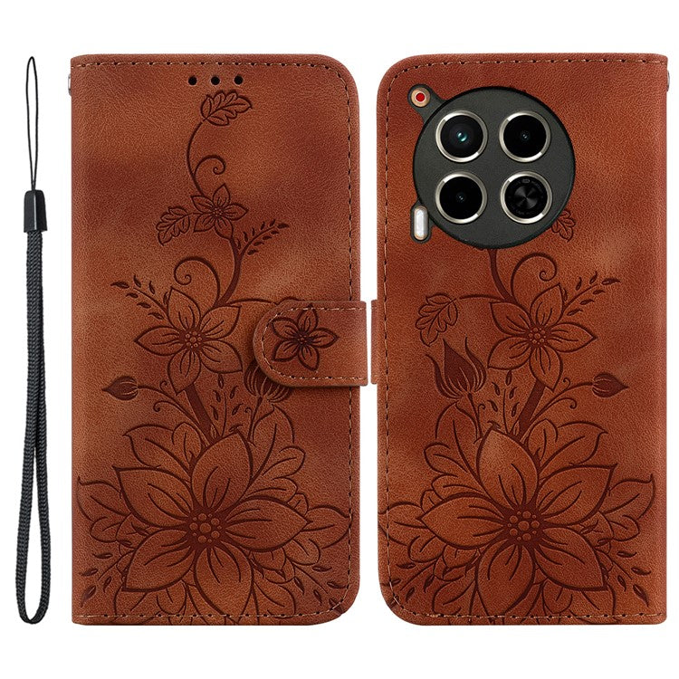 For TECNO Camon 30 4G / 30 5G Wallet Case Anti-Scratch Lily Imprint Leather Phone Cover - Brown