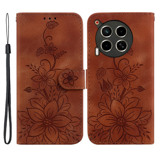 For TECNO Camon 30 4G / 30 5G Wallet Case Anti-Scratch Lily Imprint Leather Phone Cover - Brown