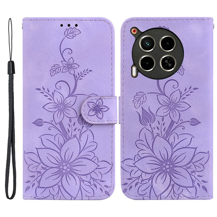 For TECNO Camon 30 4G / 30 5G Wallet Case Anti-Scratch Lily Imprint Leather Phone Cover - Purple