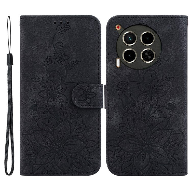 For TECNO Camon 30 4G / 30 5G Wallet Case Anti-Scratch Lily Imprint Leather Phone Cover - Black