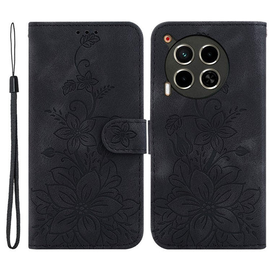 For TECNO Camon 30 4G / 30 5G Wallet Case Anti-Scratch Lily Imprint Leather Phone Cover - Black