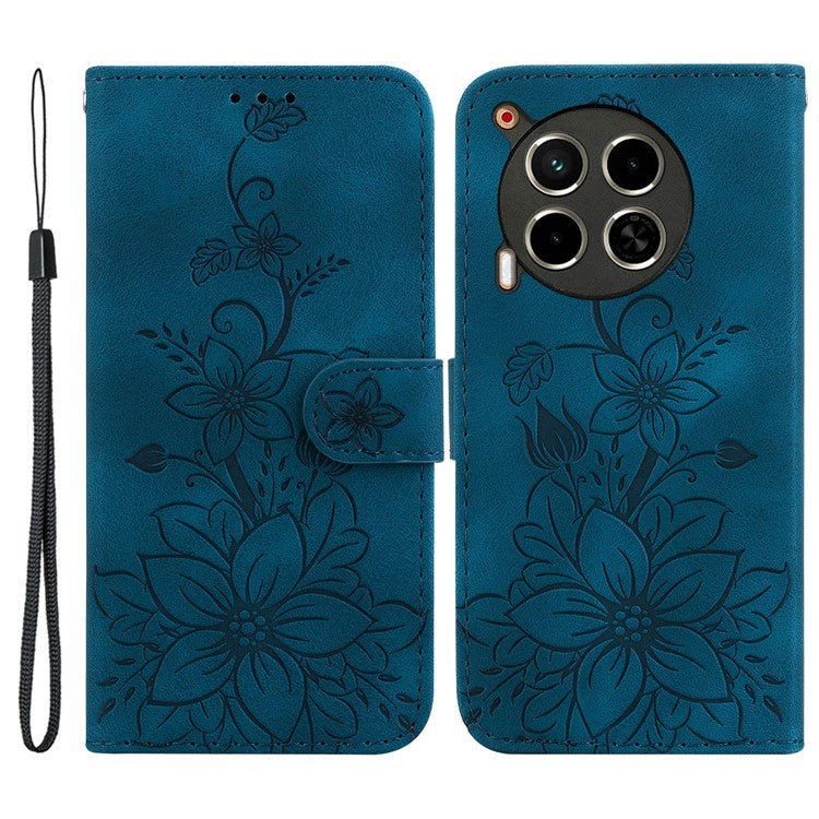 For TECNO Camon 30 4G / 30 5G Wallet Case Anti-Scratch Lily Imprint Leather Phone Cover - Dark Blue