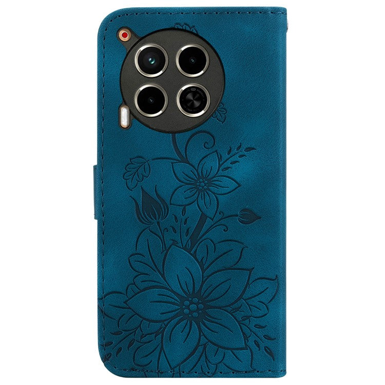 For TECNO Camon 30 4G / 30 5G Wallet Case Anti-Scratch Lily Imprint Leather Phone Cover - Dark Blue