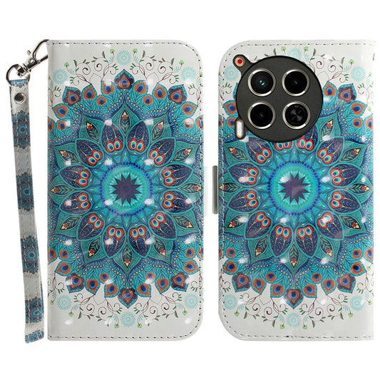 For TECNO Camon 30 4G / 30 5G Wallet Stand Case Pattern Print PU Leather Phone Cover - Peacock Wreath