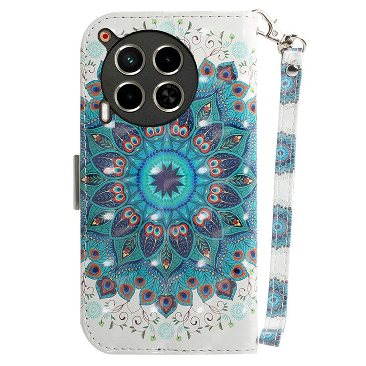 For TECNO Camon 30 4G / 30 5G Wallet Stand Case Pattern Print PU Leather Phone Cover - Peacock Wreath