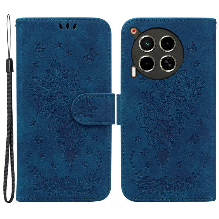 For TECNO Camon 30 4G / 30 5G Wallet Case Butterfly Rose Imprint Leather Stand Phone Cover - Blue