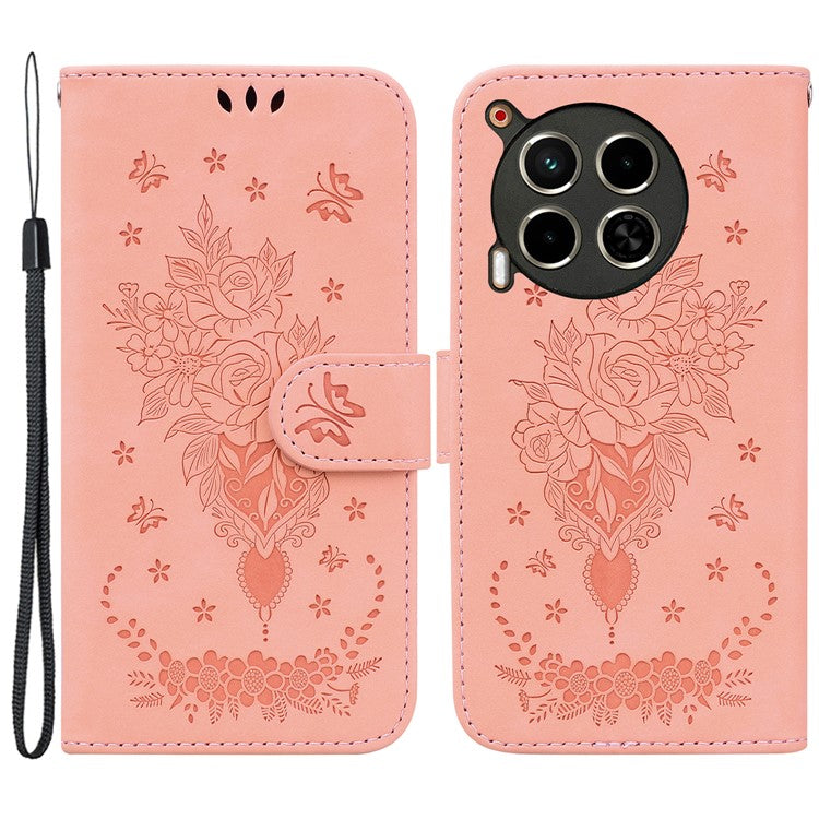 For TECNO Camon 30 4G / 30 5G Wallet Case Butterfly Rose Imprint Leather Stand Phone Cover - Pink