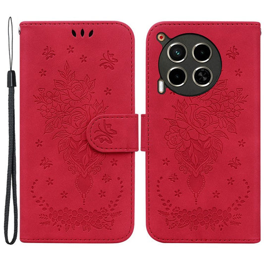 For TECNO Camon 30 4G / 30 5G Wallet Case Butterfly Rose Imprint Leather Stand Phone Cover - Red