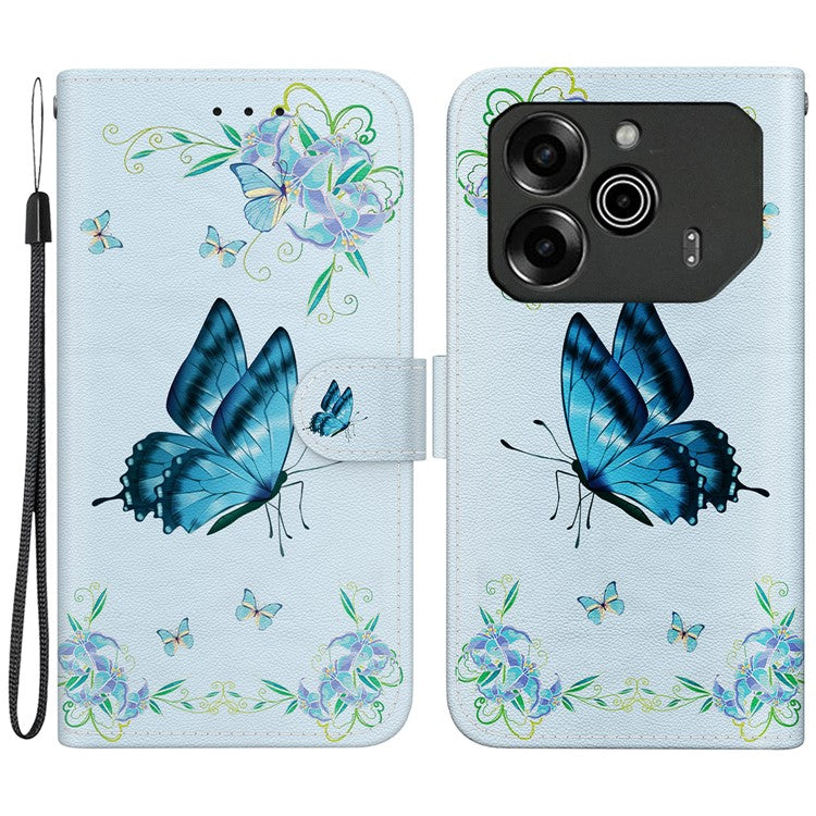 For TECNO Pova 6 5G / 6 Pro 5G Wallet Phone Case Pattern Print Leather Stand Cover - Blue Butterfly Flower